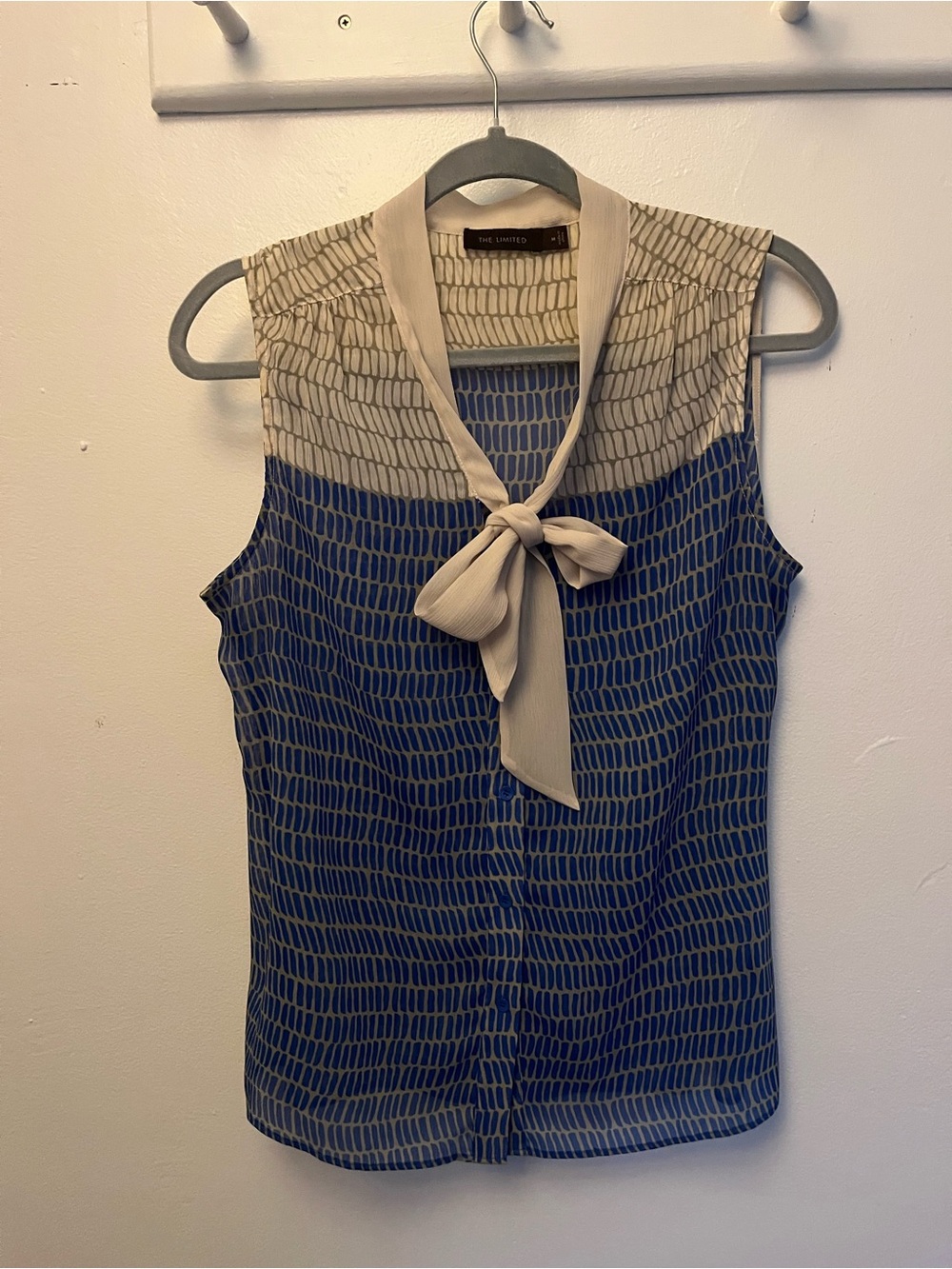 The Limited Blue and Cream Tie-Neck Sleeveless Blouse